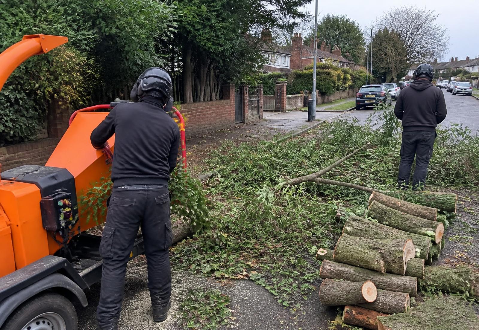 Arborists chipping brash and stacking cut logs on a residential street